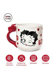 Betty Boop x SHEIN 1 16.9oz/500ml Cartoon Pattern Printed Bow Decorative Handle Ceramic Mug, Cold And Heat Resistant, Can Be Used In Microwave Ovens And Dishwashers, Suitable For Water, Milk, Juice, Coffee, Playful, Loving, Loving, Kissing,Gift Ideas,Party,Holiday,Valentine's Day - Multicolor - View 3