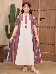 SHEIN Tween Girl Geometric Pattern Tassel Design Off-Shoulder Short Sleeve Dress - Apricot - View 5