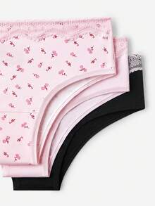 LUVLETTE Valentine's Day 3-Pack Soft Cotton Basic Floral Print Lace Trim Mid-Waist Underwear Cheeky - Multicolor - View 11