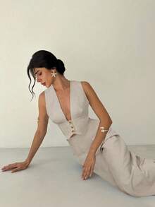 Firerie 2pcs Women Elegant Casual Minimalist Commute Office Daily Vacation V-Neck Sleeveless Blue & White Striped Tank Top & High Waist Wide Leg Straight Blue & White Striped Pants Set, Hawaii Vacation Outfit, Beach Outfit, Airport Outfit, Teacher Outfit - Apricot - View 6