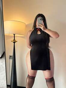 Flirla 大码暗黑哥特风立领修身连衣裙 - 黑色 - 查看 5