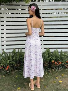 SHEIN 青少年女孩修身休闲碎花无袖连衣裙，舒适简约 - 紫色 - 查看 2