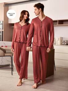 SHEIN Men's Fashion Casual Striped Print V-Neck Cardigan Long Sleeve Pajama Set - Red - View 7