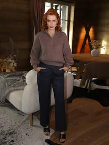 Gretanique Half Zip Drop Shoulder Grain Sweater,Long Sleeve Tops,Knitted Sweater In Fall/Winter Brown - Brown - View 1