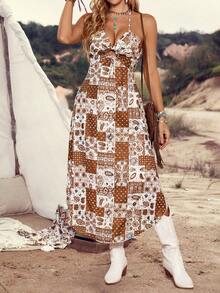 LanaWest 女士棕色花卉蕾丝系带镂空春夏休闲波西米亚风吊带连衣裙 - 棕色 - 查看 3