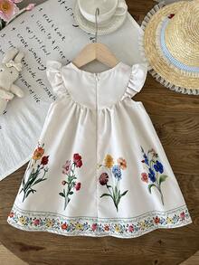 LMoss Kids Baby Girls Cute Floral Print Cap Sleeve Dress - Multicolor - View 2