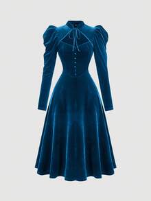 SHEIN MOD 大码优雅丝绒立领蝴蝶结羊腿袖连衣裙，秋冬款，返校节，派对 - 霧霾藍 - 查看 1