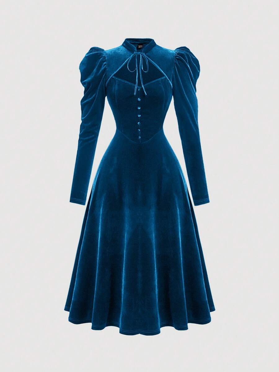 SHEIN MOD 大码优雅丝绒立领蝴蝶结羊腿袖连衣裙，秋冬款，返校节，派对 - 霧霾藍 - 查看 1