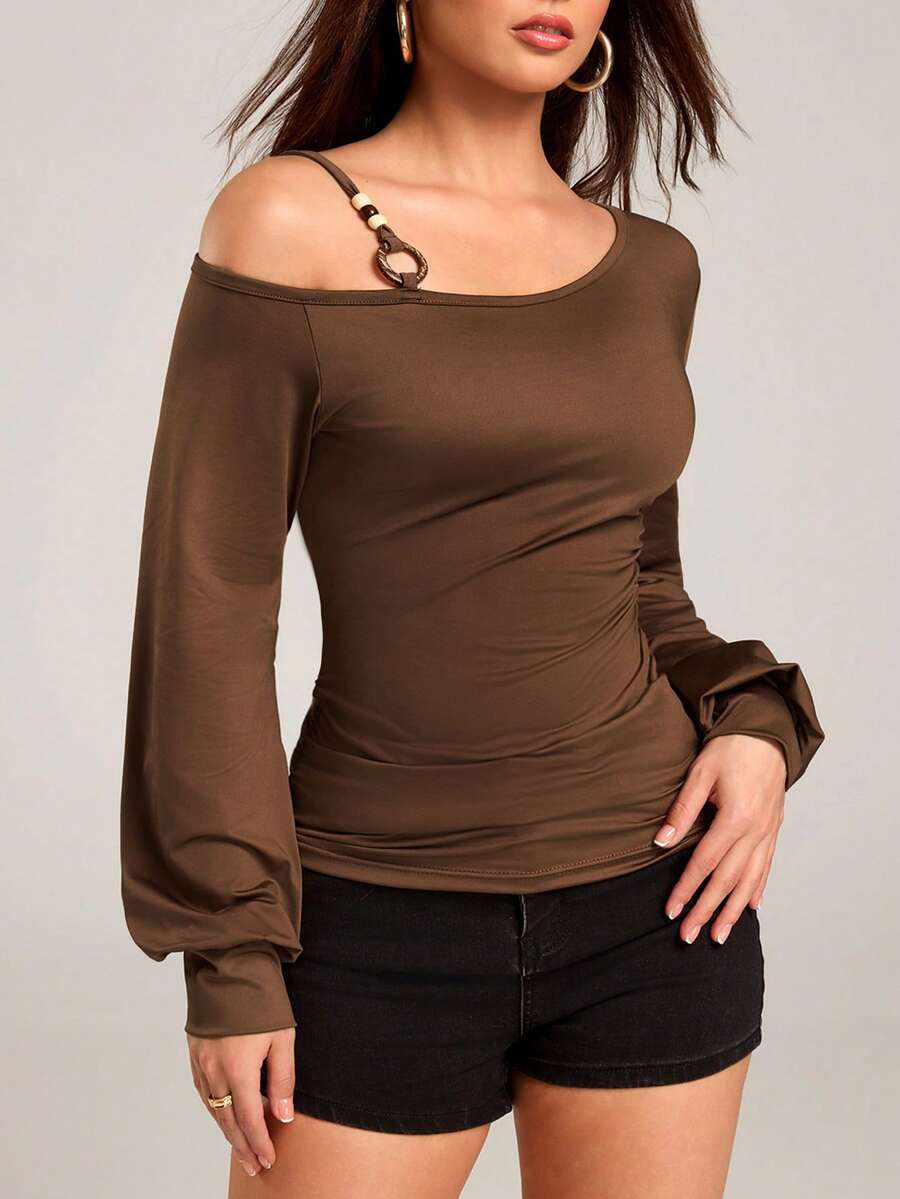 Rina Fox Áo thun nữ dáng ôm, phong cách bohemian thường ngày, đính cườm, cổ lệch, tay phồng, xếp ly, thích hợp cho mùa xuân/thu. - Cà phê nâu - Xem 1