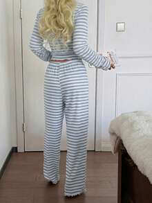 ZzzCrew Lace Trim Square Collar 2-Button Striped Print Long Sleeve Pajama Set