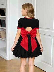 SHEIN Tween Girls Solid Color Contrast Fitted Cropped Backless Organza Bow Decor Short Sleeve T-Shirt, Fashionable French Elegant, Back To School, Y2K, Sweet & Cool Lady Style Summer Outfits