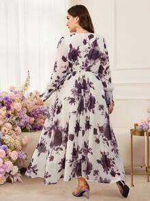 Modelyn 大码长袖雪纺层叠A字收腰印花连衣裙 - 紫色 - 查看 2