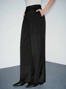 Chiquease Quần nữ ống rộng xếp ly cạp lửng, có bo gấu, kiểu dáng thường ngày. - màu đen - Xem 4