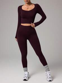 Dewbera Women's Seamless Fitted High Waist Slimming Sports Long Sleeve Top And Pants Set - Coffee Brown - View 6