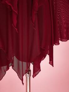 SHEIN ICON 大码Y2K风格前系带V领喇叭袖网纱上衣，不规则下摆网纱半裙，优雅套装，适合情人节、约会、派对等场合，春秋季皆宜。 - 酒紅色 - 查看 8