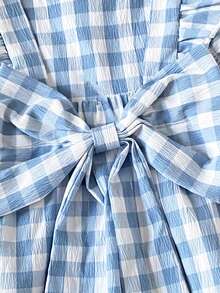 SHEIN 女婴休闲可爱格子蝴蝶结荷叶边连衣裙，适合春夏外出、度假、聚会、生日和日常穿着 - 藍色 - 查看 7