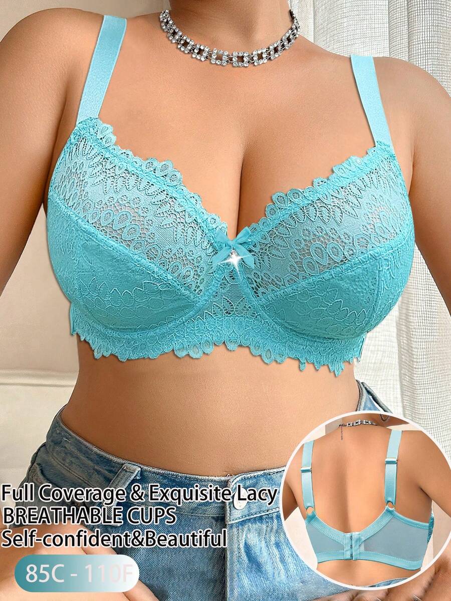 DesireSculpt 1pc Plus Size Lace Patchwork Underwire Bra - Green - View 1