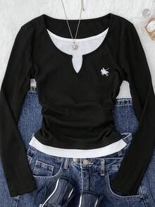 SHEIN 少女海军蓝白拼接腰部褶皱修身小Logo印花长袖针织休闲T恤 - 黑與白 - 查看 4