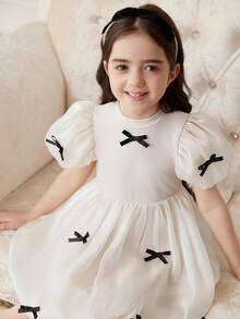 Elladie kids Girls (Small) Tulle Flowing Princess Dress, Puff Sleeve Princess Dress With Bow Decor White Dress With Bow For Girls Girls Puffy Sleeve Dress Girls White Bow Dress - Apricot - View 5