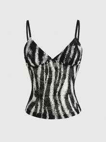 Rina Fox 女士极简花卉图案修身吊带背心，蕾丝斑马纹性感透视吊带背心，性感露背内搭，修身显瘦，适合梨形和苹果形身材，包容各种体型，3D立体剪裁，新品上市，修身版型，复古风，适合度假、派对等场合，弹力面料，蕾丝，透视网纱，动物纹印花，复古性感风 - 黑色 - 查看 1