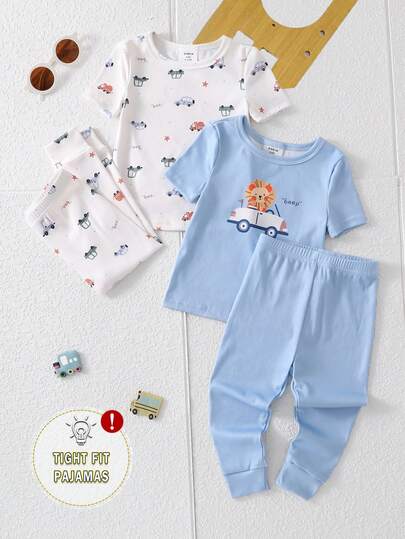 新生男宝宝卡通汽车狮子印花短袖连体衣和裤子两件套睡衣