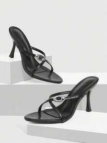 CUCCOO SZL Women's Metal Buckle Design Fashionable Elegant High Heel Slide Sandals - Black - View 4