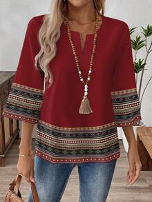 EMERY ROSE Blusa con cuello en V, manga 3/4 y estampado floral retro vintage para mujeres de talla grande, color rojo - Multicolor - Ver 3