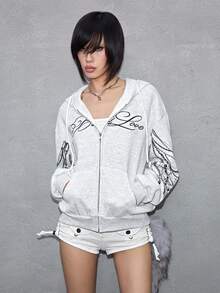 ROMWE Avant Street Casual Y3K Sexy Chain Print Lightweight Grey Open Front Sweatshirt For Women - Light Grey - View 9