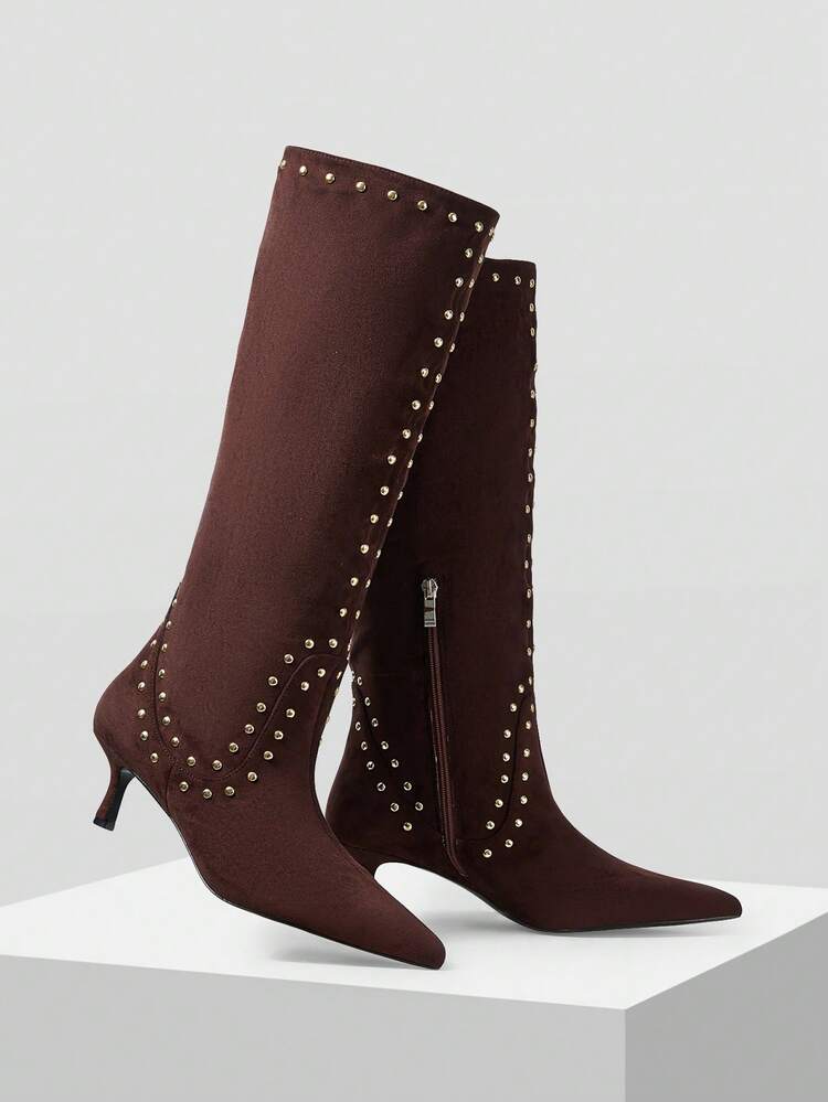 WOMEN STUDDED POINT TOE KNEE-HIGH BOOTS FOR CHRISTMAS
