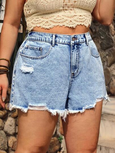 SHEIN Holidaya 大码女式休闲夏季水洗做旧毛边牛仔短裤