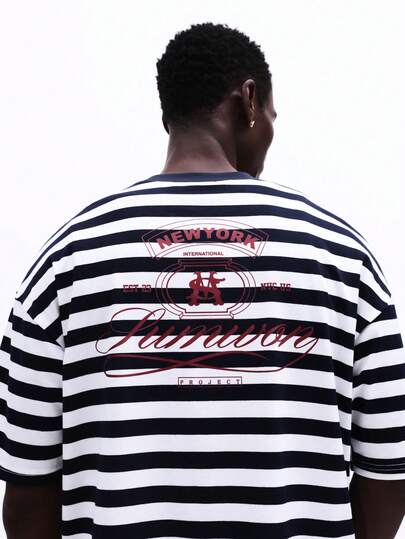 SUMWON Men's Oversized Horizontal Stripe Graphic T-Shirt New York International Luxury Project Short Sleeve Crew Neck Casual Streetwear