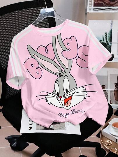 LOONEY TUNES X SHEIN Women's Casual Letter & Cartoon Graphic Round Neck Short Sleeve T-Shirt, Summer