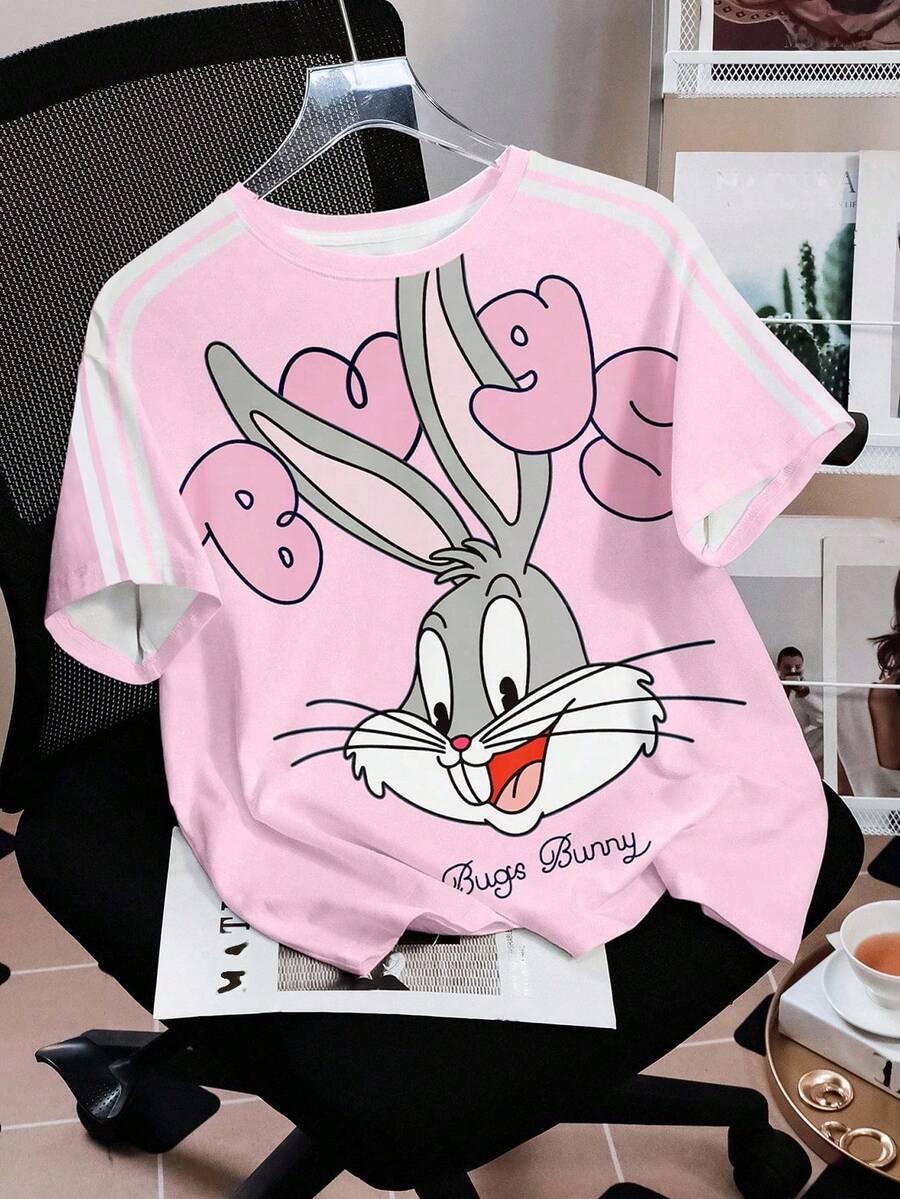 LOONEY TUNES X SHEIN Women's Casual Letter & Cartoon Graphic Round Neck Short Sleeve T-Shirt, Summer - White - View 1