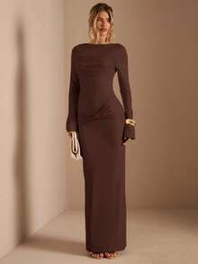 SHEIN BAE 杏色长袖针织褶皱腰部扭结下摆直筒连衣裙，优雅连衣裙，约会连衣裙，伴娘连衣裙，生日派对连衣裙，杏色连衣裙，秋冬季叠穿连衣裙 - 棕色 - 查看 4