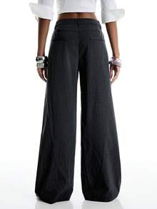 LYSMO 女士休闲日常条纹水钻装饰阔腿裤 - 深灰色 - 查看 2