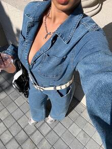 Muchica Combinaison en jean ample à manches longues, à simple boutonnage, avec poches et jambes larges, pour femmes grandes tailles - Bleu azur - Voir 3