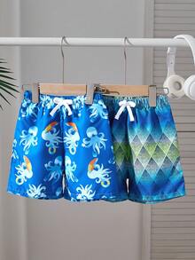 SHEIN 2件套男童休闲舒适时尚简约实用可爱柔软透气短裤，适合度假、日常、上学、旅行、运动、春夏季男童泳装 - 彩色 - 查看 6