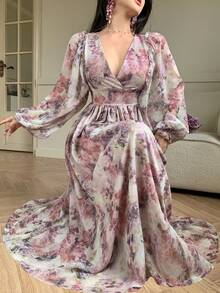 DAZY 女士V领印花收腰连衣裙，度假风 - 紫色 - 查看 3