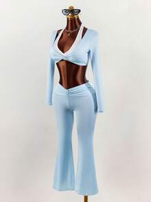 Amplova 2026 New Style 2 In 1 Cropped Top And Low-Waist Flare Skinny Pants Women's Suit - Multicolor - View 3