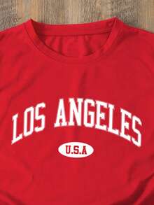 INAWLY 字母图案圆领T恤 女式上衣 - 紅色 - 查看 4