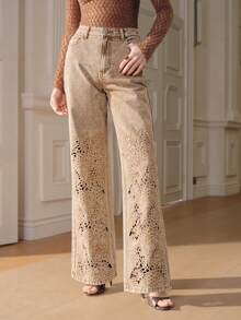 Anewsta 女士高腰时尚刺绣镂空宽松直筒阔腿牛仔裤 - 卡其色 - 查看 4