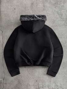 AXEPEAK 美式黑色毛领卫衣，小众设计修身短款男士卫衣 - 黑色 - 查看 2