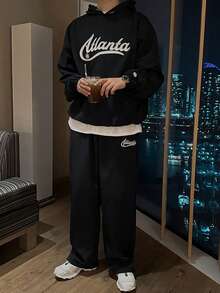 DAZY Men's Letter Embroidered Hoodie Set, Black, Spring/Autumn - Black - View 1