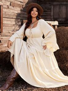 Ceyna Vestido elegante y elaborado de estilo francés para resort en talla grande color albaricoque - Albaricoque - Ver 1