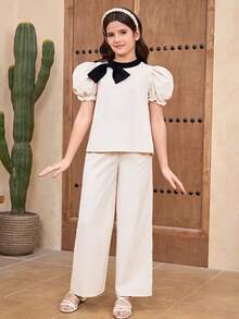 SHEIN Tween Girl Elegant Stand Collar Petal Sleeve Colorblock Shirt And Pants Set Tween Girl - Apricot - View 3