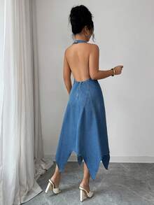 Selianne Women's Sexy Asymmetric Hem Backless Halter Neck Denim Dress, Summer - Medium Wash - View 2