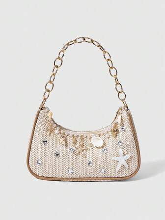 Fairycore 1 pezzo Borsa a spalla/Borsa shopper in stile spiaggia con motivo a stelle marine, borsa da spiaggia, borsa in paglia (posizionamento decorazione casuale)