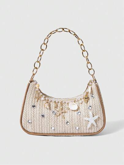 ROMWE Fairycore 1pc Summer Beach Starfish Series Woven Shoulder Bag/Tote Bag, Beach Bag, Straw Handbag (Decoration Placement Random)