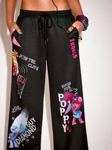 Trolls X SHEIN Bộ đồ 2 món dành cho nữ: Áo hai dây in chữ và quần ống rộng. - màu đen - Xem 5