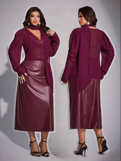Maweii Plus Size Women's Elegant Autumn Burgundy 2-Piece Set, Chic Glossy Leather Midi Skirt & Sheer Deep V-Neck Top, Ribbon Button Design Party Outfit